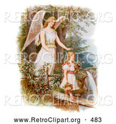 Retro Clipart of a Vintage Painting of a Female Guardian Angel Looking over a Little Girl As She Carries Flowers and a Basket Across a Log over a Cliff and River, Circa 1890 by OldPixels