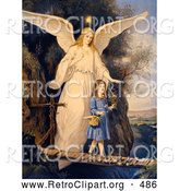 Retro Clipart of a Vintage Painting of a Female Guardian Angel Protecting a Little Girl As She Crosses a Gorge on a Narrow Bridge, Carrying a Basket and Flowers, Circa 1890 by OldPixels