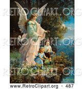 Retro Clipart of a Vintage Painting of a Guardian Angel Looking over Children near a Cliff, Circa 1890 by OldPixels
