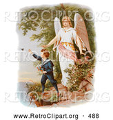 Retro Clipart of a Vintage Painting of a Guardian Angel Watching over a Child Playing near a Cliff, Circa 1890 by OldPixels