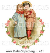 Retro Clipart of a Vintage Painting of a Sweet Little Boy and Girl Strolling Arm in Arm, Looking off to the Side, Circled by a Heart of Pink Roses Circa 1886 by OldPixels