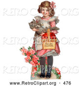 Retro Clipart of a Vintage Painting of a Sweet Little Girl Carrying a Basket of Red Hearts and a Cat in Her Arms, Walking in a Flower Garden, Circa 1885 by OldPixels