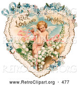 Retro Clipart of a Vintage Valentine Painting of Cupid with Ribbons, Prancing in White Lily of the Valley Flowers on a Lacy Heart with Forget Me Not Flowers, Circa 1890 by OldPixels