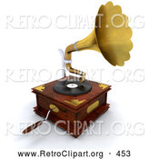 Retro Clipart of a Wooden Gramophone with a Handle and Golden Horn Playing Music from a Record, on White by KJ Pargeter