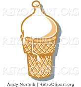 Retro Clipart of a Yummy Vanilla Ice Cream in a Cone, Melting over the Rim by Andy Nortnik
