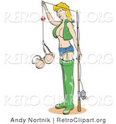 Retro Clipart of an Attractive Blonde Woman in Fishing Gear, Holding up Her Bra in a Hook by Andy Nortnik