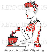 Retro Clipart of an Attractive Red Haired Housewife or Maid Woman Using a Manual Coffee Grinder by Andy Nortnik