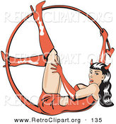 Retro Clipart of an Attractive Sexy Brunette Woman in a Rubber Dress and Boots, Lying on Her Back and Holding onto Her Curved Forked Devil Tail by Andy Nortnik