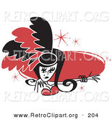 Retro Clipart of an Attractive Showgirl in Red and Black Feathers, Holding out Her Arm in Front of a Red Circle by Andy Nortnik
