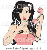 Retro Clipart of an Attractive Surprised Brunette Woman Covering Her Mouth and Holdnig a Pink Telephone by Andy Nortnik