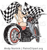 Retro Clipart of an Attractive Topless Brunette Woman in a Red Thong, Stockings and Heels, Looking Back over Her Shoulder and Holding a Wrench While Sitting on a Motorcycle and Racing Flags in the Background by Andy Nortnik