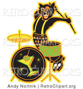 Retro Clipart of an Energetic Black Cat Playing the Drums While Entertaining at a Bar by Andy Nortnik