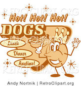 Retro Clipart of an Old Fashioned Hot Dog Advertisement Showing a Circular King Character Holding a Hotdog and Text Reading "Hot! Hot! Hot! Dogs Lunch Dinner Anytime!" by Andy Nortnik