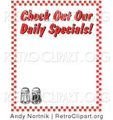 Retro Clipart of Black and White Salt and Pepper Shakers and Text Reading "Check out Our Daily Specials!" Borderd by Red Checkers by Andy Nortnik