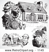 Retro Clipart of Retro Black and White Architects and Houses by BestVector