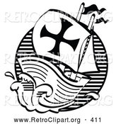 Retro Clipart of the Black and White Mayflower Ship Transporting Pilgrims to America by Andy Nortnik