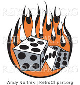 Retro Clipart of Two White Dice Rolling over Flames at a Casino by Andy Nortnik