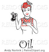 Vector Retro Clipart of a Happy Woman Wearing an Apron, Holding up a Bottle of Cooking Oil, with Text by Andy Nortnik