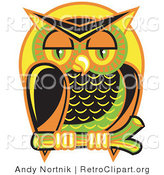 Vector Retro Clipart of a Wise and Colorful Sleepy Owl Perched on a Branch at Night Against a Full Moon by Andy Nortnik
