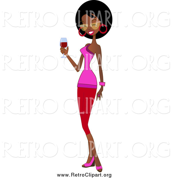 Clipart of a Beautiful Black Woman Holding a Glass of Red Wine