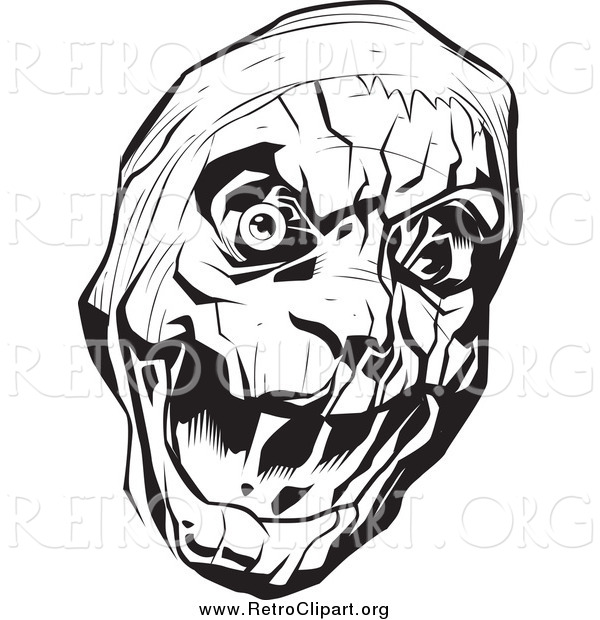 Clipart of a Black and White Bandaged Mummy Head with One Eyeball