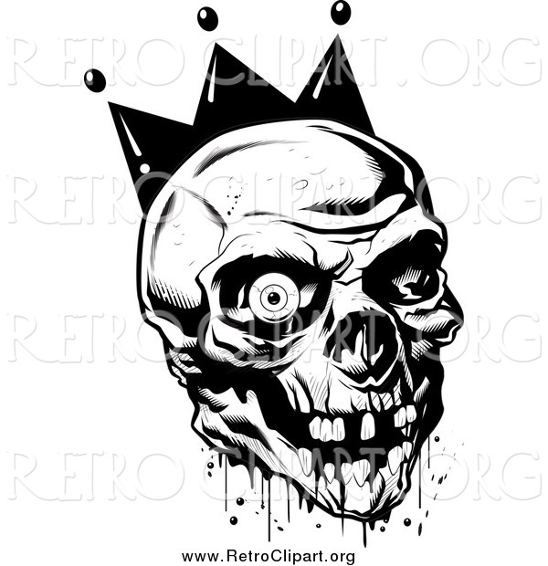 Clipart of a Black and White Bloody Joker Skull with Missing Teeth and One Eyeball