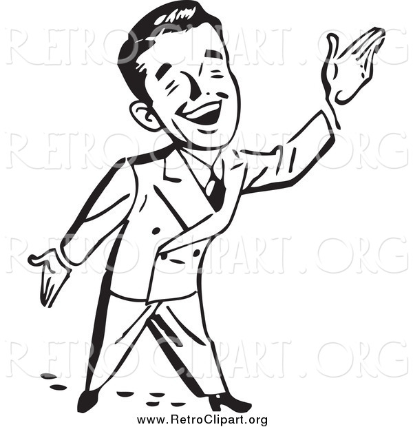 Clipart of a Black and White Happy Retro Businessman Gesturing up to the Right