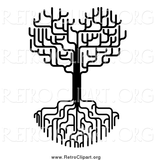 Clipart of a Black and White Heart Tree with Bare Branches and Roots