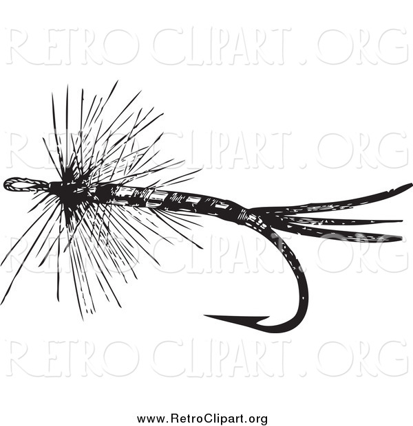 Clipart of a Black and White Retro Fly Fishing Hook