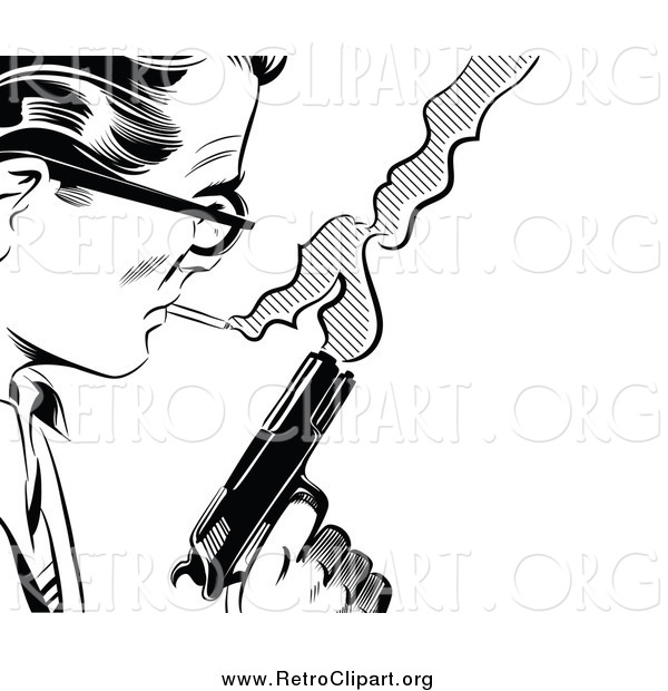 Clipart of a Black and White Retro Pop Art Man with a Cigarette and Gun