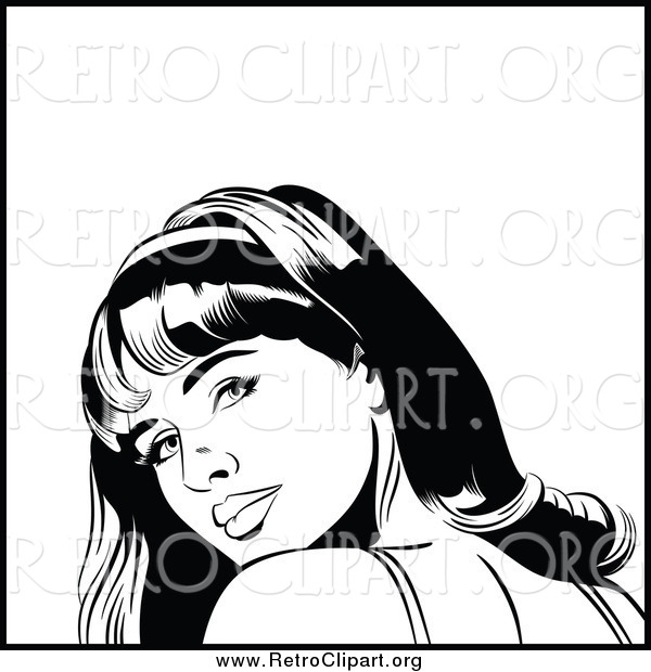 Clipart of a Black and White Retro Pop Art Woman Looking over Her Shoulder