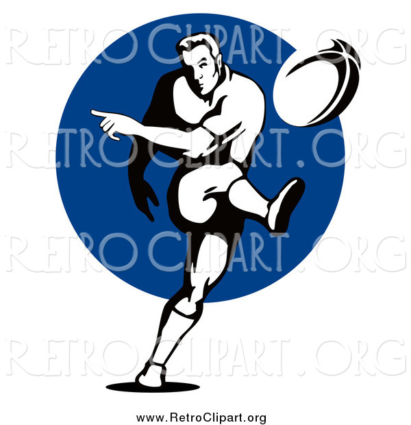 Clipart of a Black and White Retro Rugby Football Player Kicking over a Blue Circle