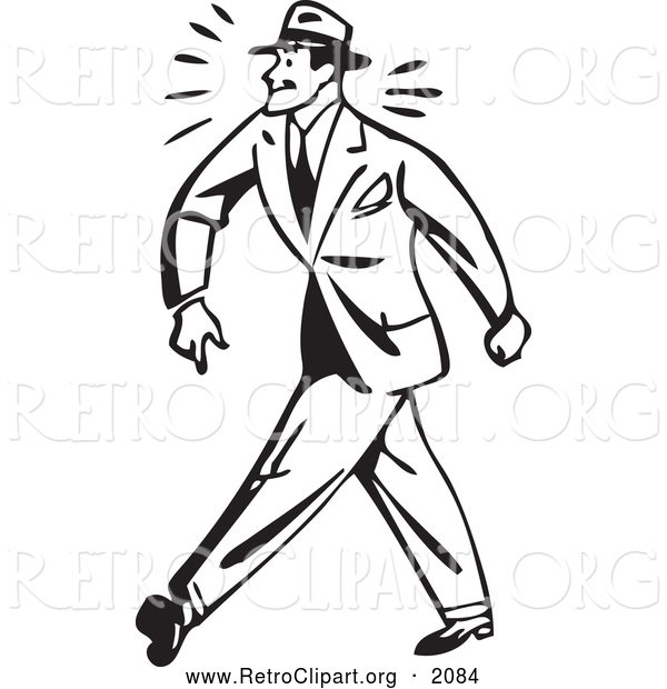 Clipart of a Black and White Retro Tough Businessman Walking