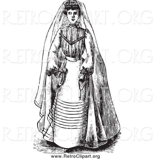 Clipart of a Black and White Vintage Bride in a Gown