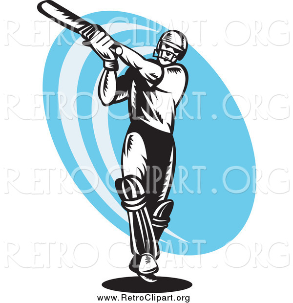 Clipart of a Black and White Woodcut Retro Cricket Batsman over a Blue Oval