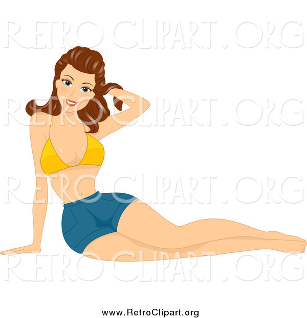 Clipart of a Brunette White Pinup Woman in Shorts and a Bikini Top