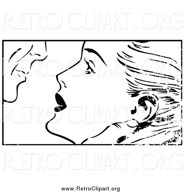 Clipart of a Distressed Pop Art Couple About to Kiss Black and White