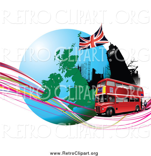 Clipart of a Double Decker Bus Passing Big Ben with a Globe and Waves