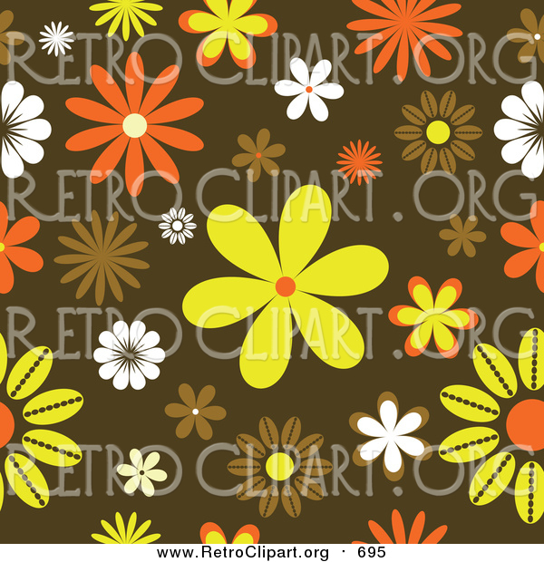 Clipart of a Funky Orange, Yellow and Brown Retro Floral Background