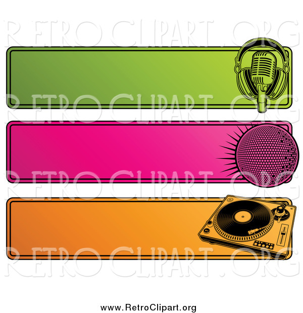 Clipart of a Green, Pink and Orange Retro Website Headers of a Microphone, Disco Ball and Record Player