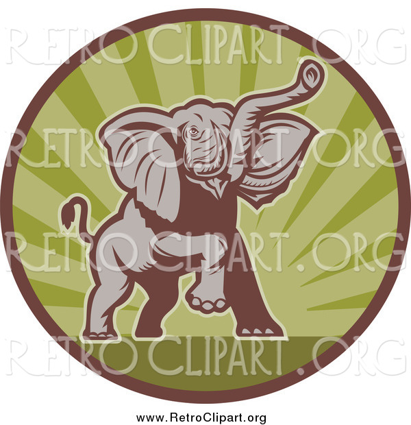 Clipart of a Mad Elephant Charging in a Green Ray and Brown Circle