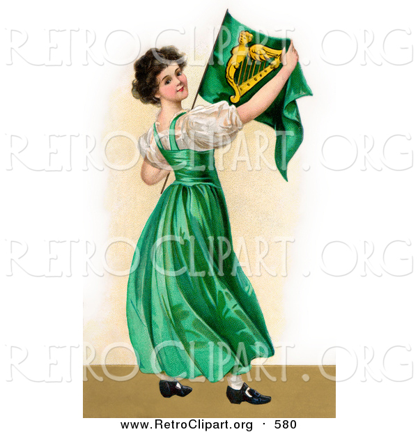 Clipart of a Patriotic Irish Lady Wearing a Green Dress, Holding an Irish Flag, Circa 1907