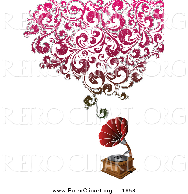 Clipart of a Phonograph with Grungy Red Floral Sound