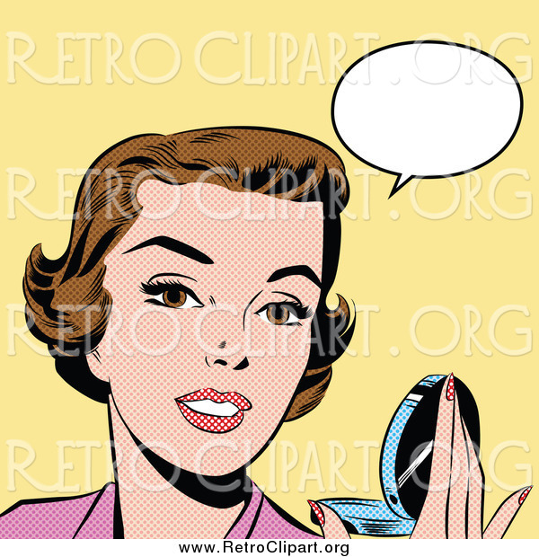 Clipart of a Pop Art Talking White Woman Holding a Compact