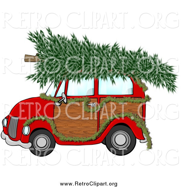 Clipart of a Red Woody Car Draped with a Garland and a Christmas Tree on the Roof