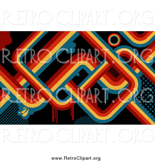 Clipart of a Retro Background of Red, Orange, Yellow and Blue Lines and Drips over Black