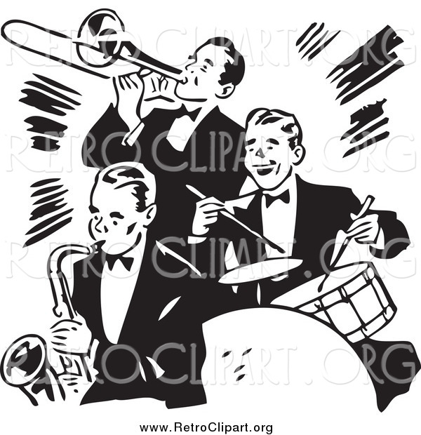 Clipart of a Retro Black and White Band Playing a Trumpet, Saxophone and Drums