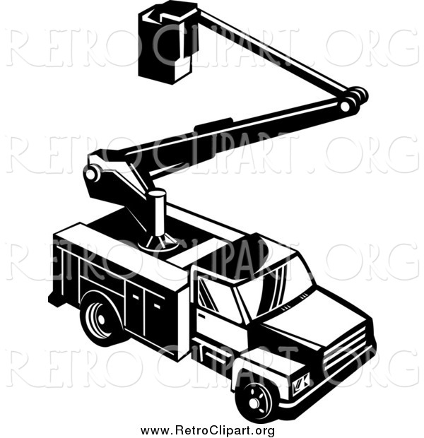 Clipart of a Retro Black and White Bucket Utility Truck from Above