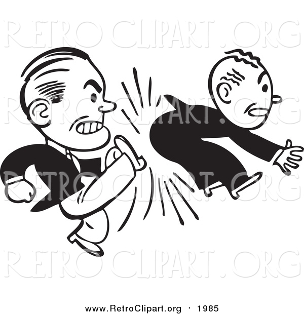 Clipart of a Retro Black and White Business Man Kicking Another in the Butt