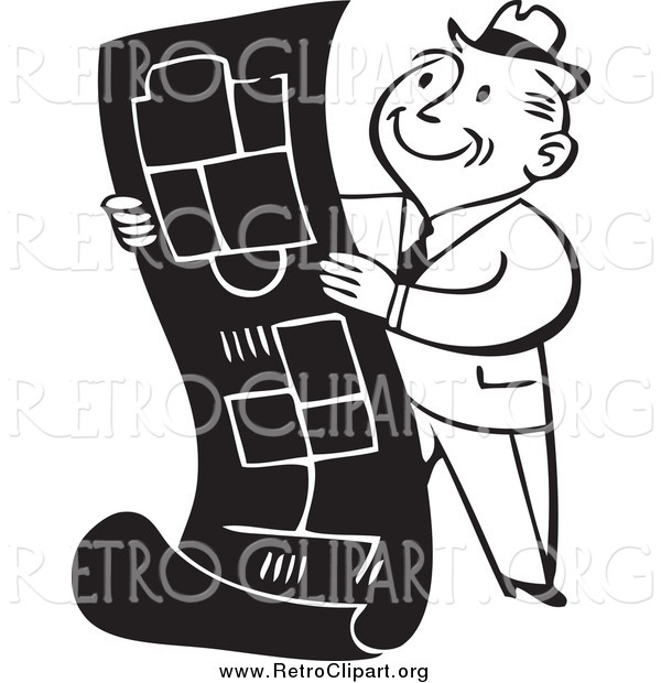 Clipart of a Retro Black and White Business Man Reviewing Blueprints